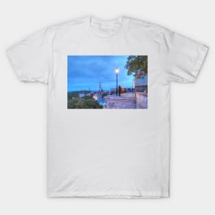 View from Toompea of Lower Town, Old Town with St. Olai's Church or Oleviste Kirik, and the towers of the city wall at dusk, Tallinn, Estonia, Europe T-Shirt